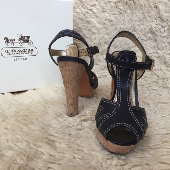 Coach Bianca T straps Leather Cork Heel size 7.5 - Picture 1 of 10